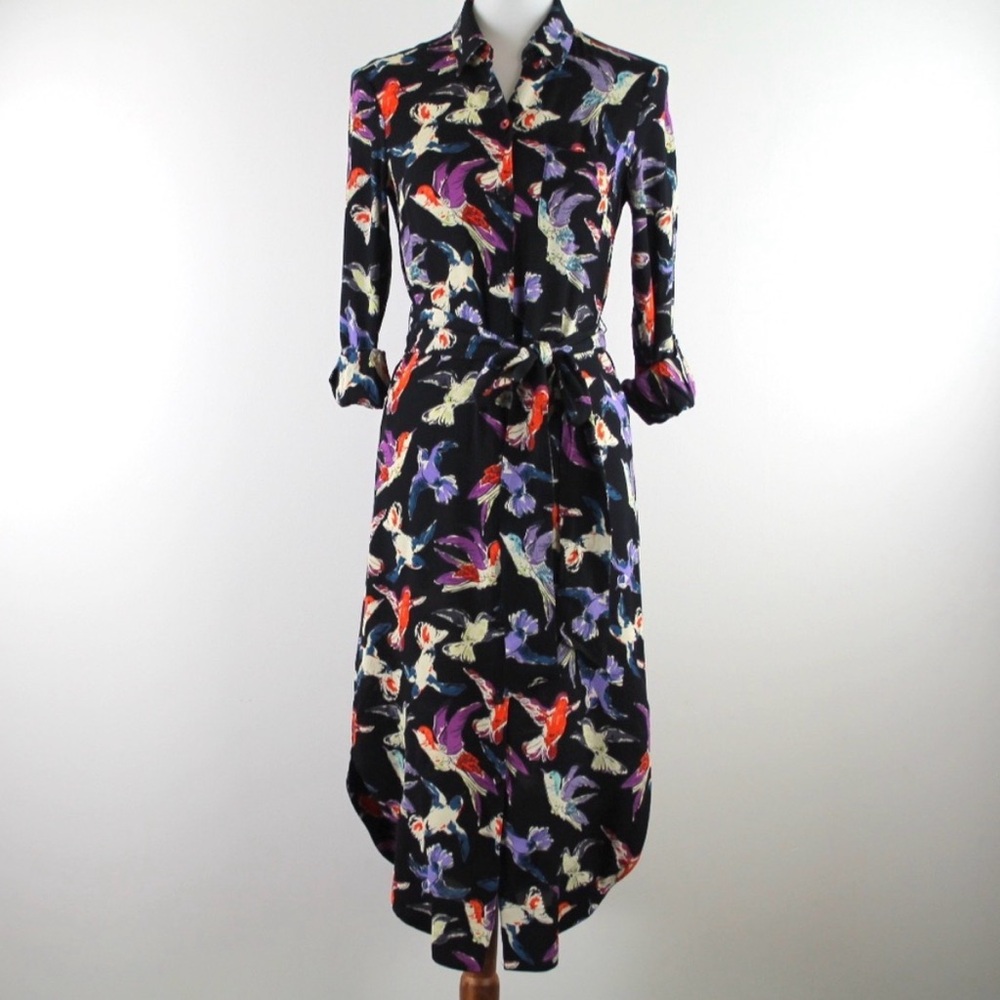 Maeve Martina Anthropologie Bird Print Shirt Dress with Tie Waist S